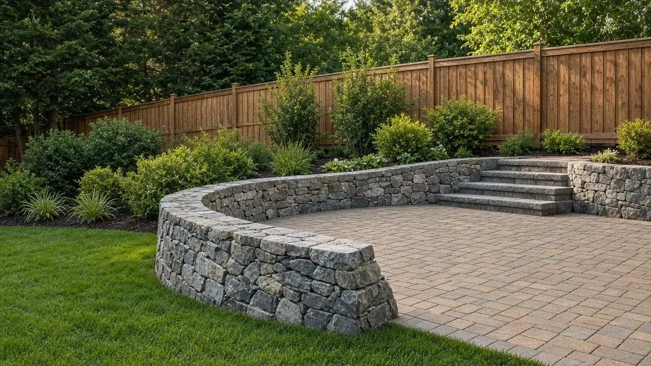 A backyard with a new paver patio, a curved natural stone retaining wall with built-in steps, green lawn and a wooden fence
